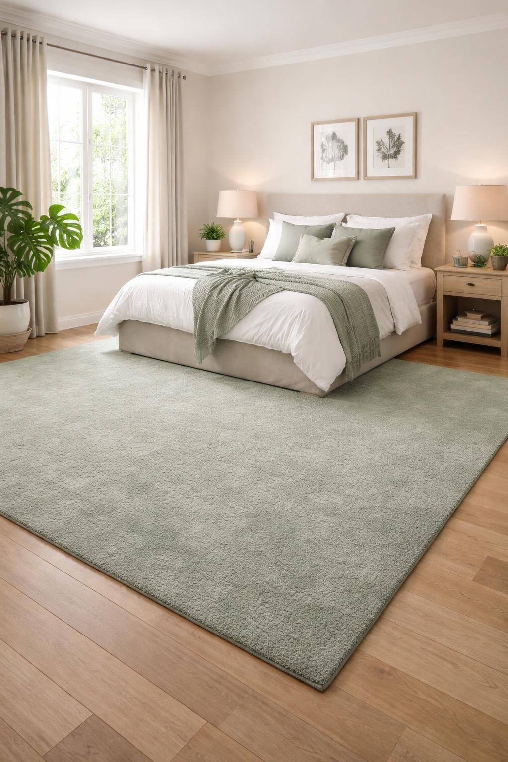 A bedroom with a sage green area rug, a bed with white and green bedding, a potted plant on a bedside table, and natural light coming through a window.