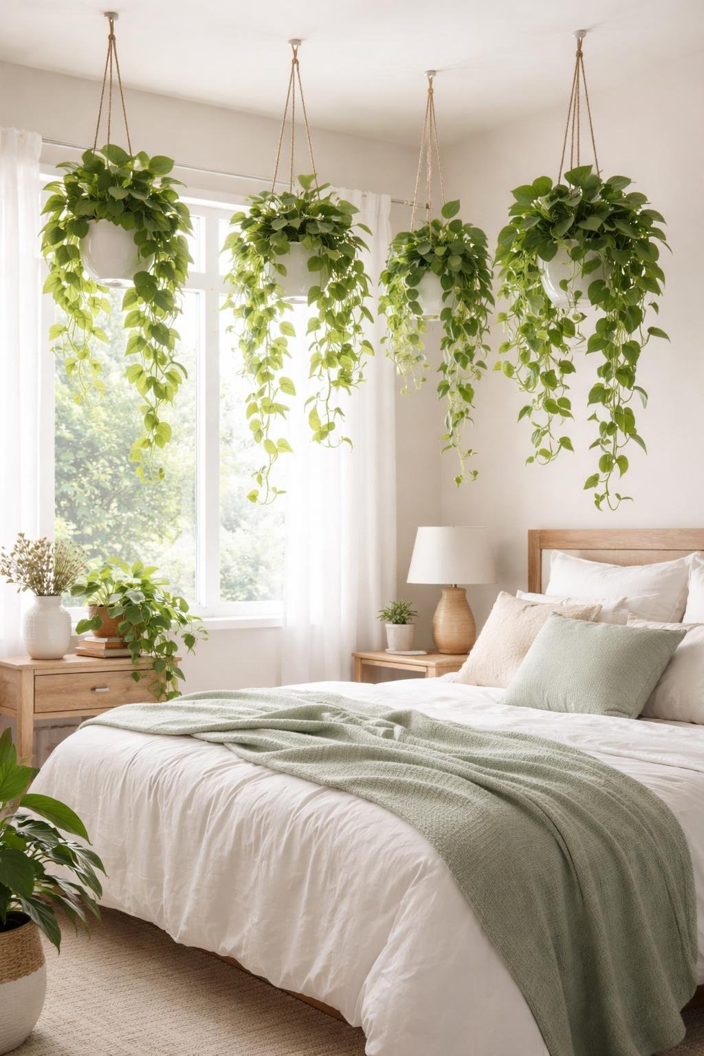 A bedroom with hanging pothos plants near a window and a neatly made bed.
