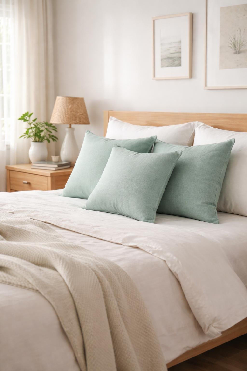 A bedroom with mint green throw pillows on a bed, natural light coming through a window, and simple decor including a plant and artwork.
