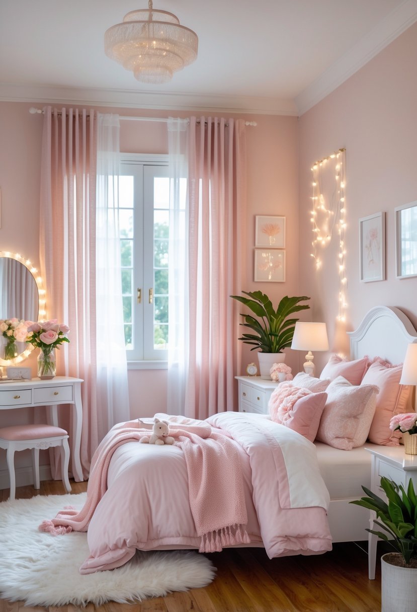 A bright bedroom with a bed, pastel bedding, white furniture, flowers, and natural light coming through sheer curtains.