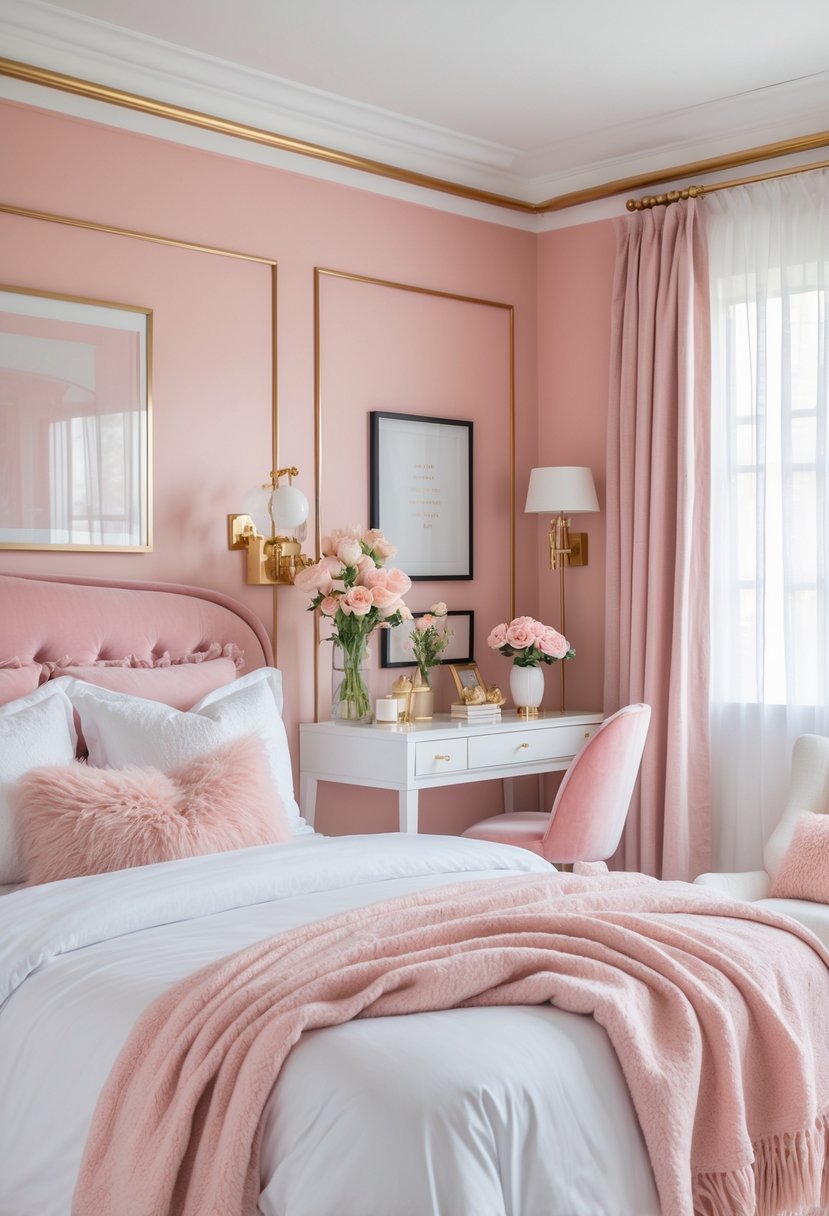 A bedroom with a blush pink accent wall trimmed in gold, a white bed with pillows, a vanity table, and natural light coming through a window.