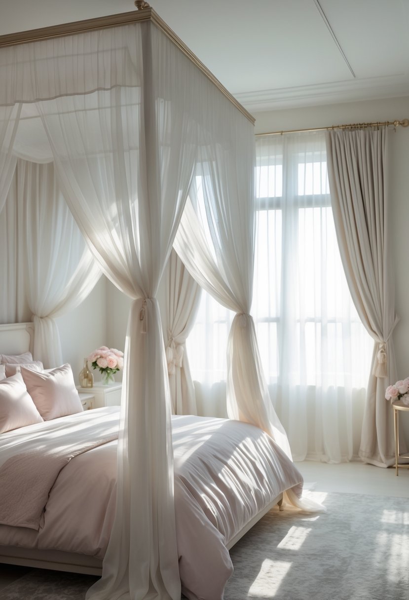 A bedroom with a canopy bed surrounded by sheer white curtains and soft natural lighting.