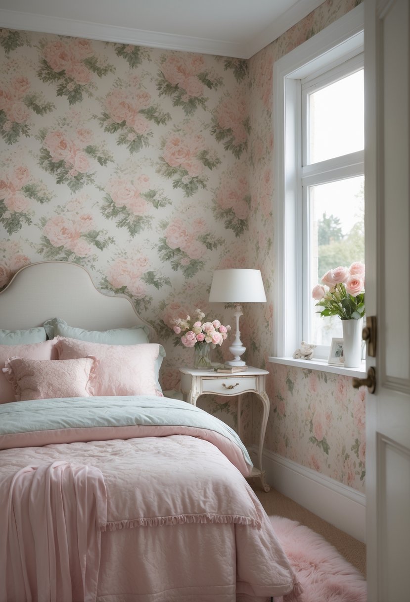 A cozy bedroom with a floral wallpaper accent wall, a bed with pastel bedding, a bedside table with a lamp, and a vase of flowers.