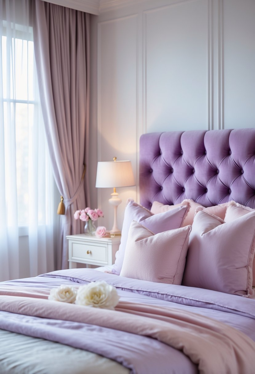 A bedroom with a lavender velvet tufted headboard, pastel bedding, and soft natural light coming through sheer curtains.