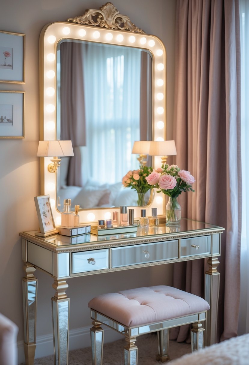 A bedroom corner with a mirrored dressing table and cushioned stool, decorated with makeup items and flowers.