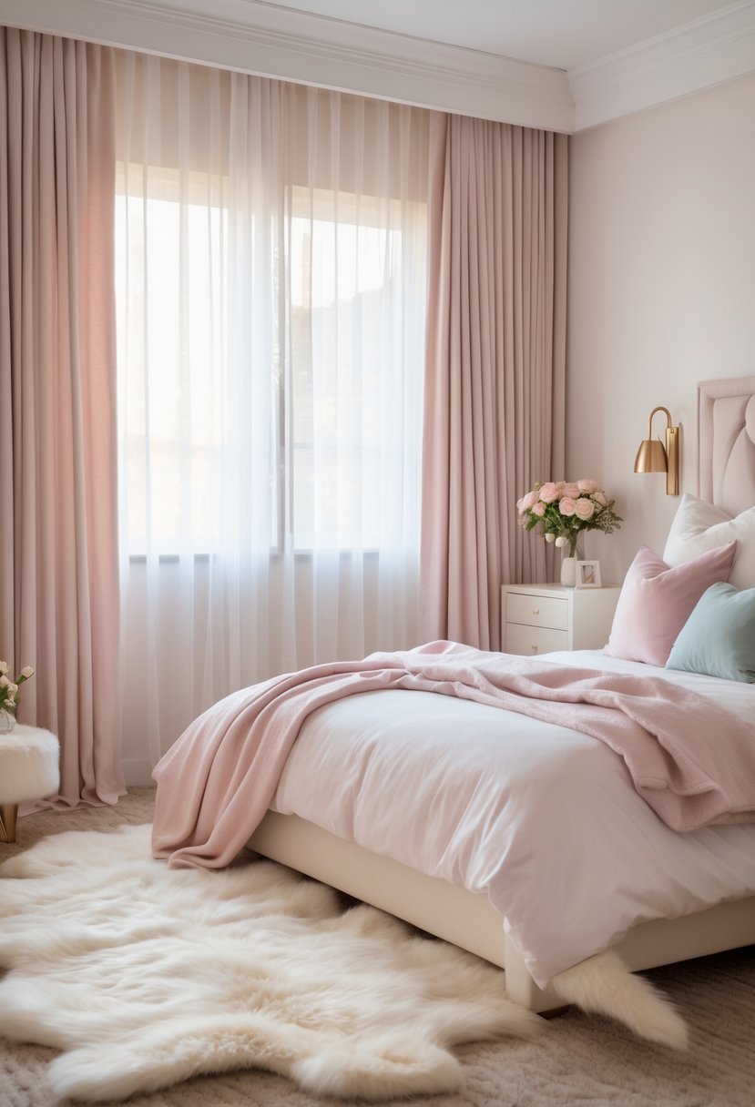 A cozy bedroom corner with a soft sheepskin rug, a bed with light bedding and pillows, a nightstand with flowers, and natural light coming through curtains.