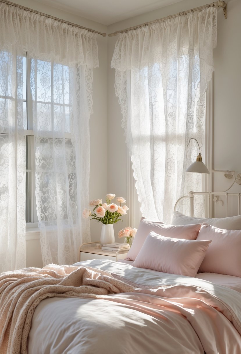 A bright bedroom with white lace curtains, a bed with pastel bedding, and a vase of flowers on a bedside table.