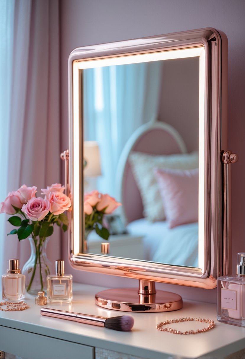 A rose gold framed vanity mirror on a bedroom vanity table surrounded by makeup items and flowers in a cozy bedroom corner.