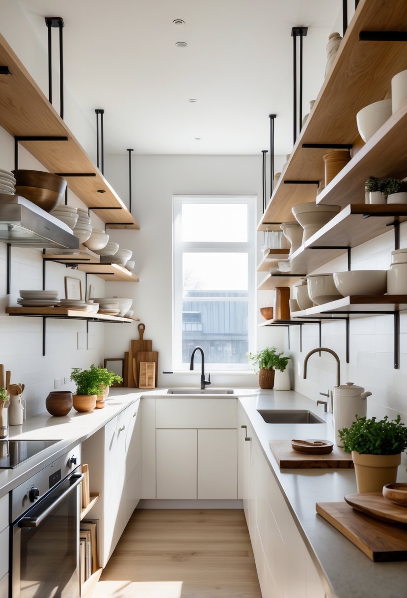 A narrow kitchen with open shelves holding dishes and jars, natural light coming through a window, and a clean, organized countertop with potted herbs.