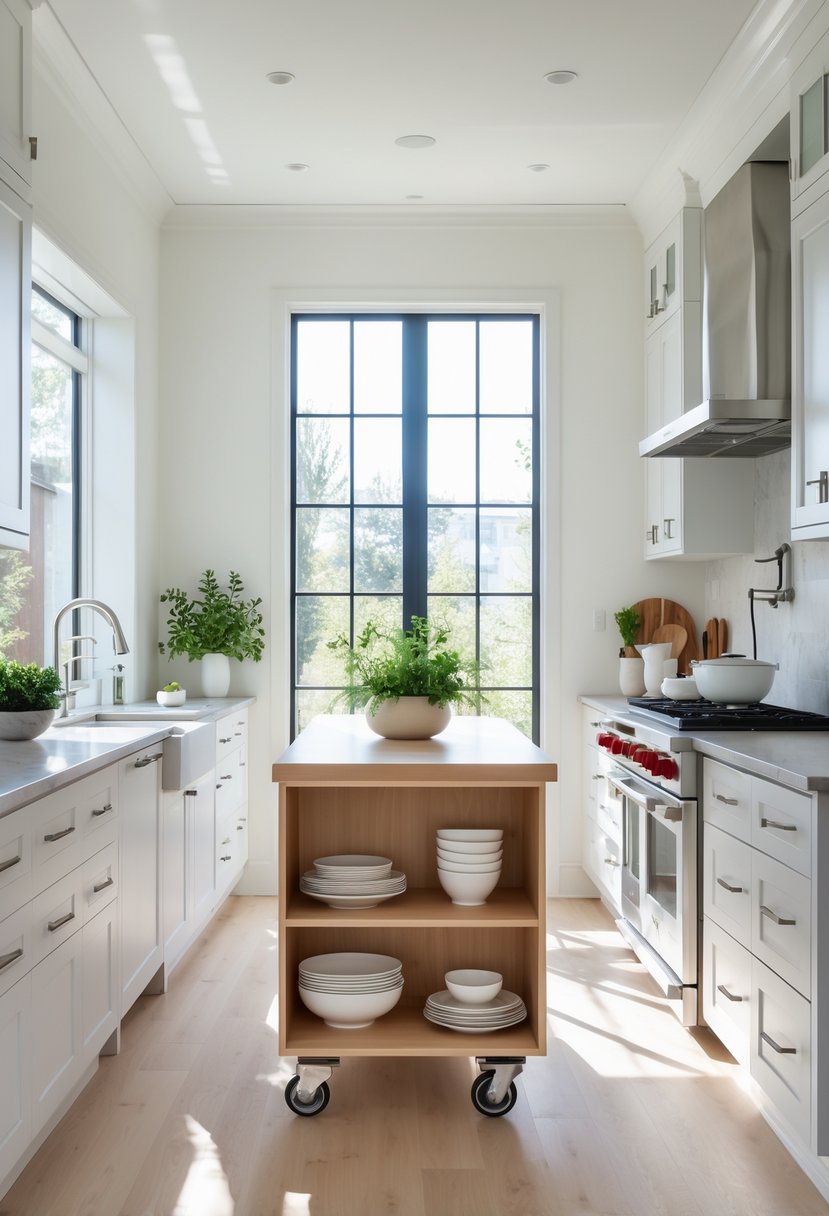 A narrow kitchen with a rolling island that has storage shelves and cabinets, bright lighting, and kitchen appliances on both sides.