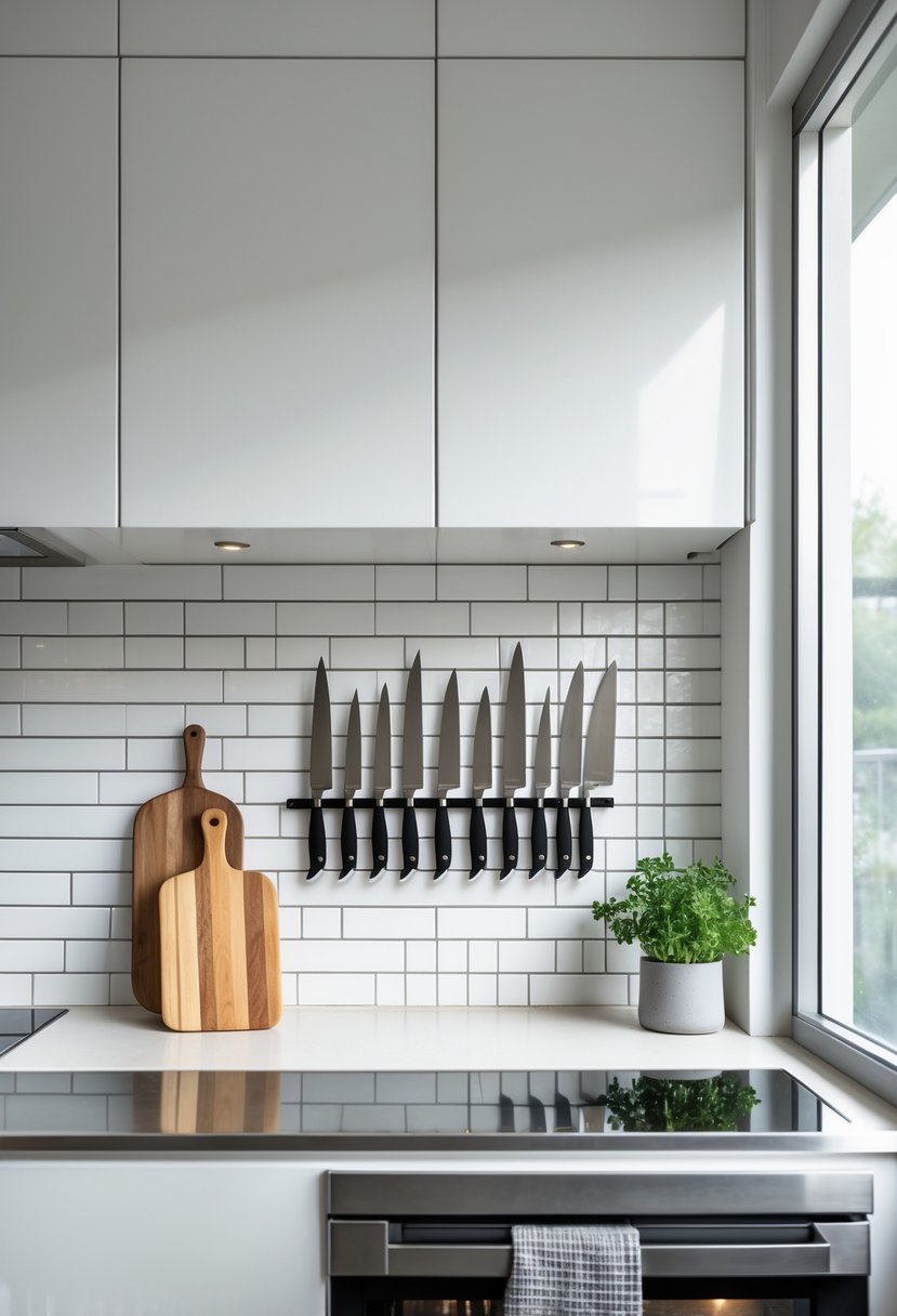 A galley kitchen with a magnetic knife strip on the backsplash holding knives above a clean countertop.