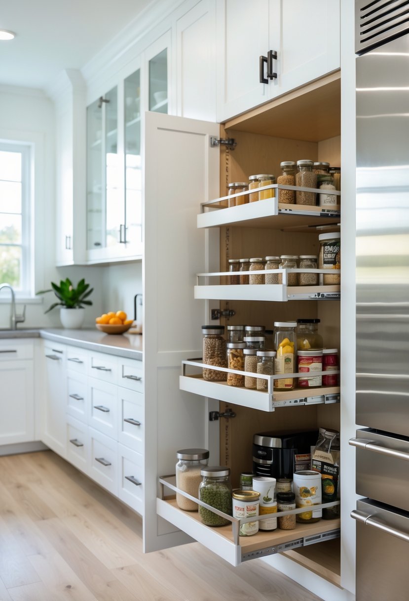 A modern galley kitchen with pull-out pantry shelves open, showing organized food storage and kitchen essentials.