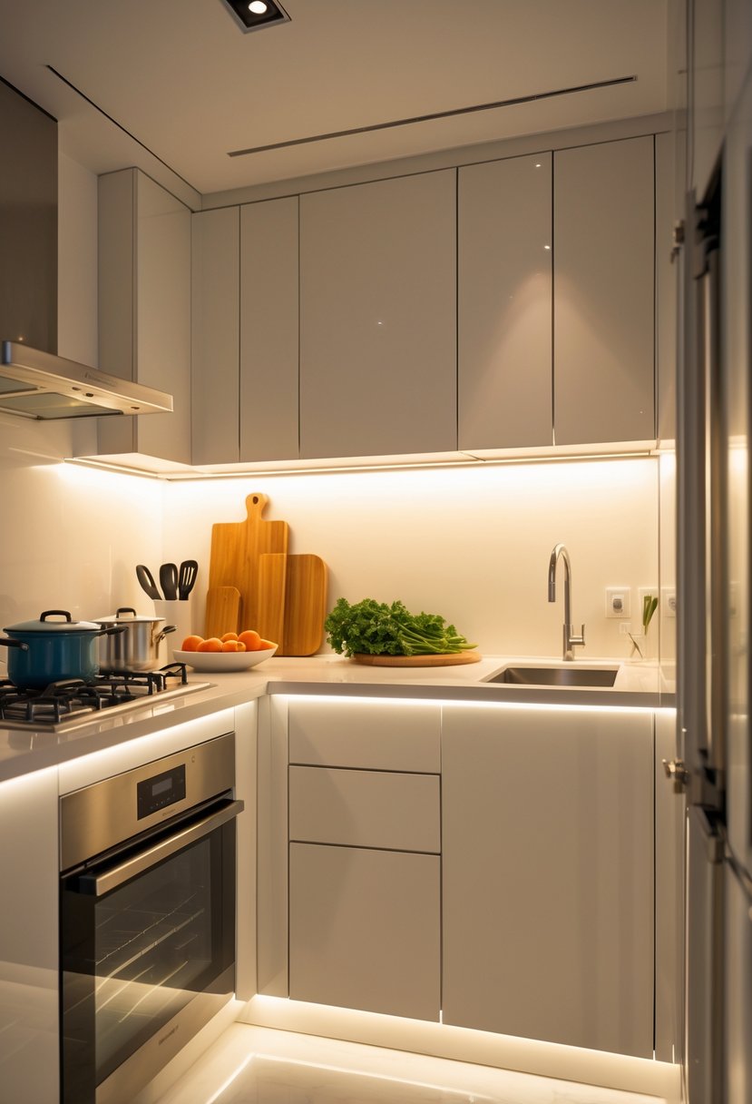 A narrow kitchen with under-cabinet lights illuminating the countertop, white cabinets, and stainless steel appliances.