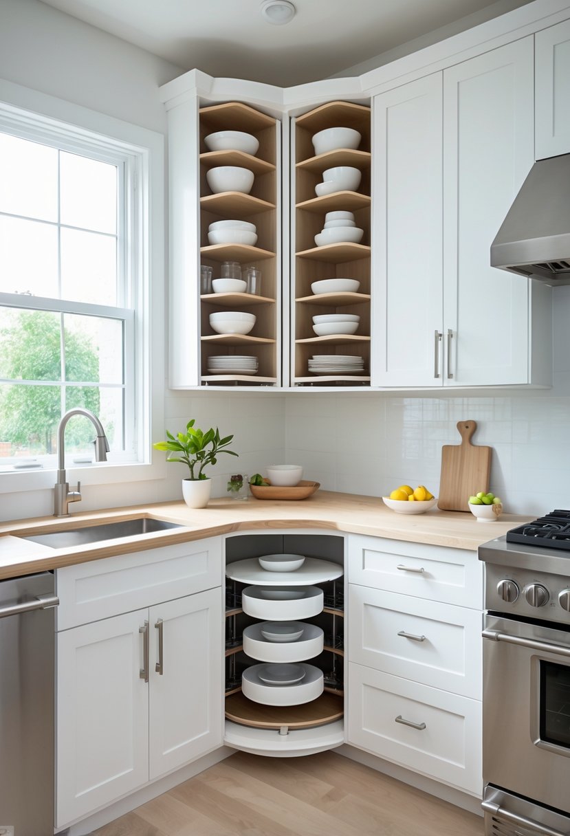 A modern galley kitchen with open corner carousel cabinets showing organized kitchenware and bright natural light.