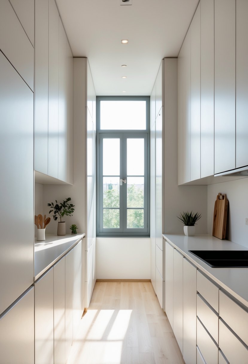 A narrow kitchen with tall, slim storage cabinets lining both sides and a window at the far end.
