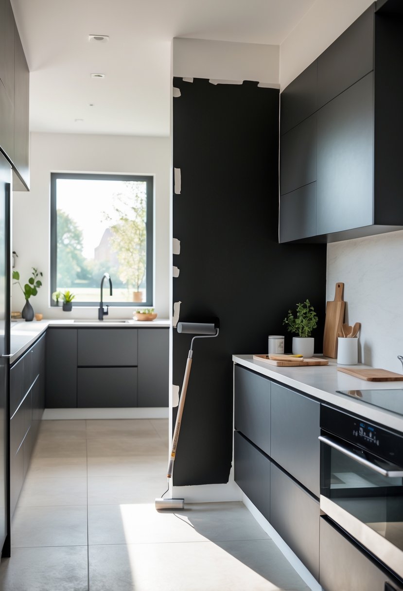 Person applying black chalkboard paint on a kitchen wall in a modern galley kitchen.