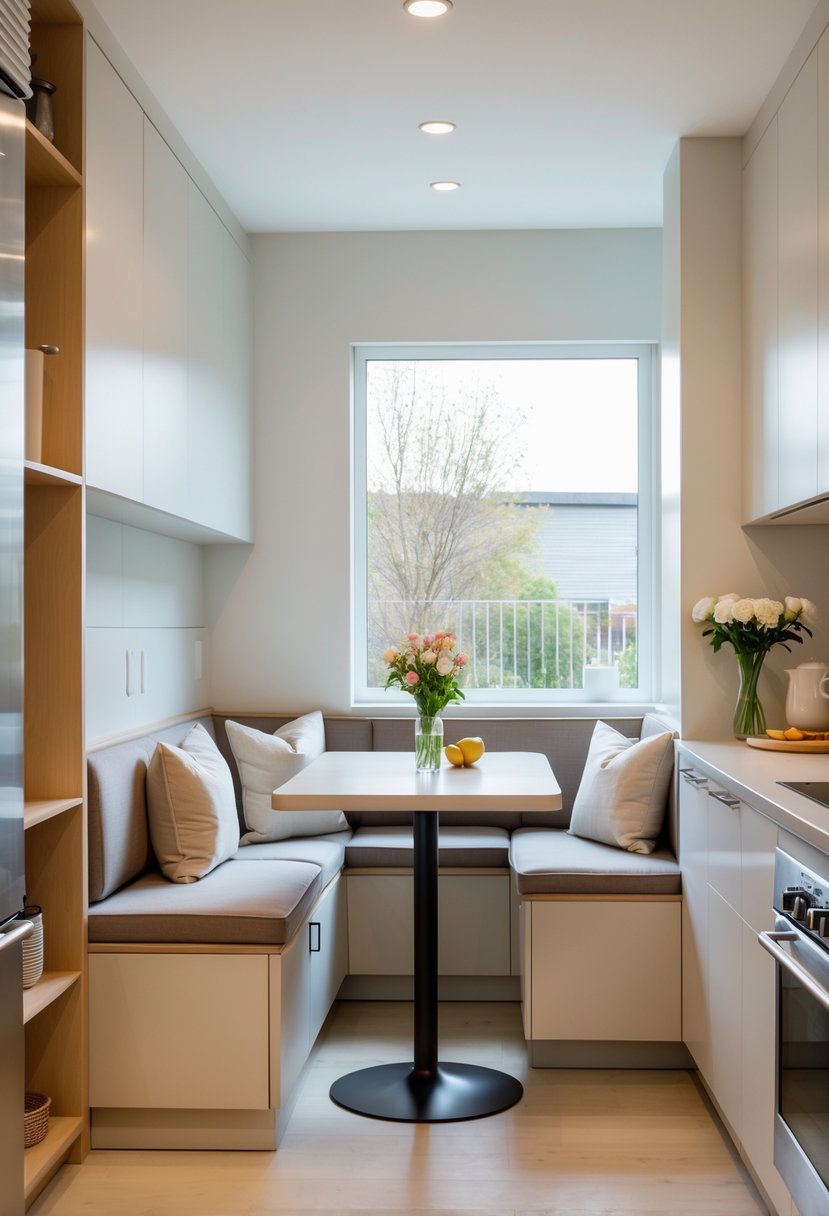 A galley kitchen with a built-in breakfast nook that has storage underneath, featuring a bench with cushions and a small table.