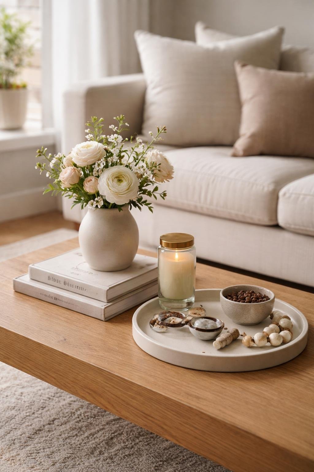 A coffee table with books, a vase of flowers, a candle, and a tray with glasses and coffee beans in a living room.