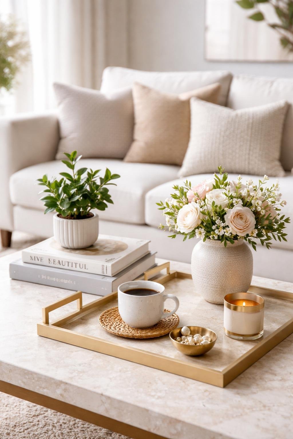A coffee table with books, a plant, a candle, a vase with flowers, and a coffee cup in a living room with a sofa and natural light.