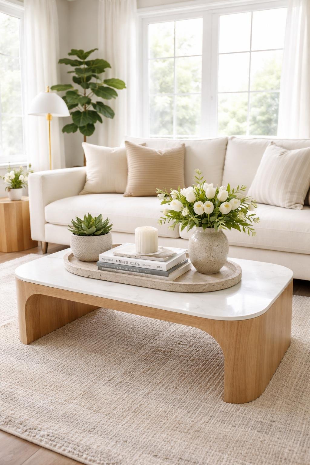 A living room with a coffee table decorated with books, a plant, a vase with flowers, and a candle, surrounded by a sofa and a rug.