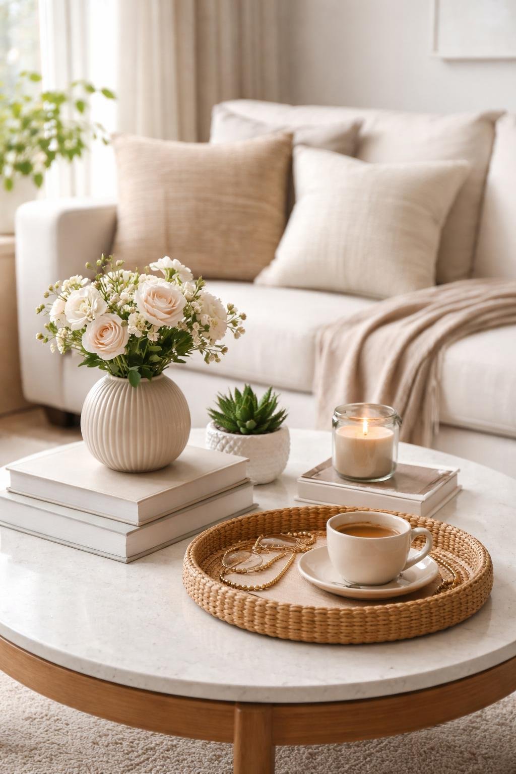 A coffee table with books, a plant, a vase with flowers, a candle, and a coffee cup in a living room.