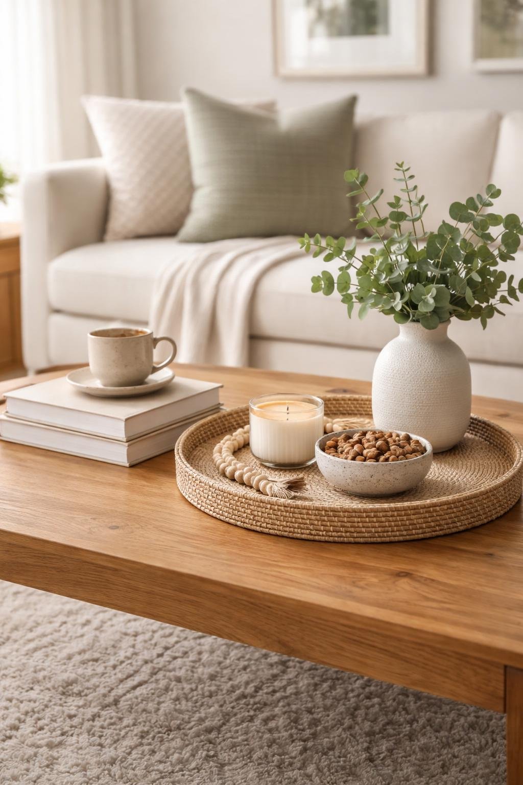 A coffee table with books, a vase of green leaves, a candle, a decorative tray, and a coffee cup arranged in a living room.