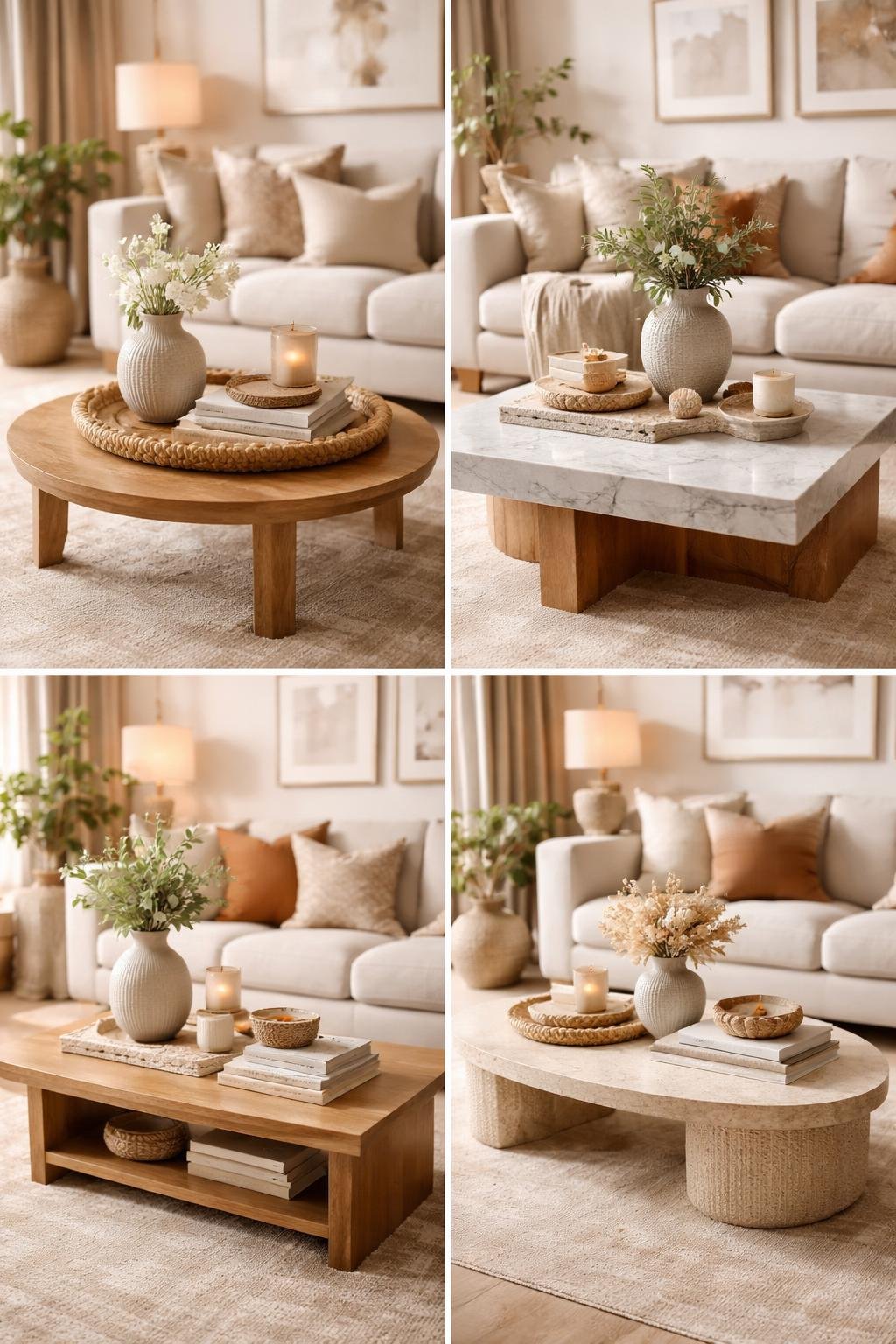 A living room scene with four coffee tables of different shapes, each decorated with books, plants, candles, and vases.
