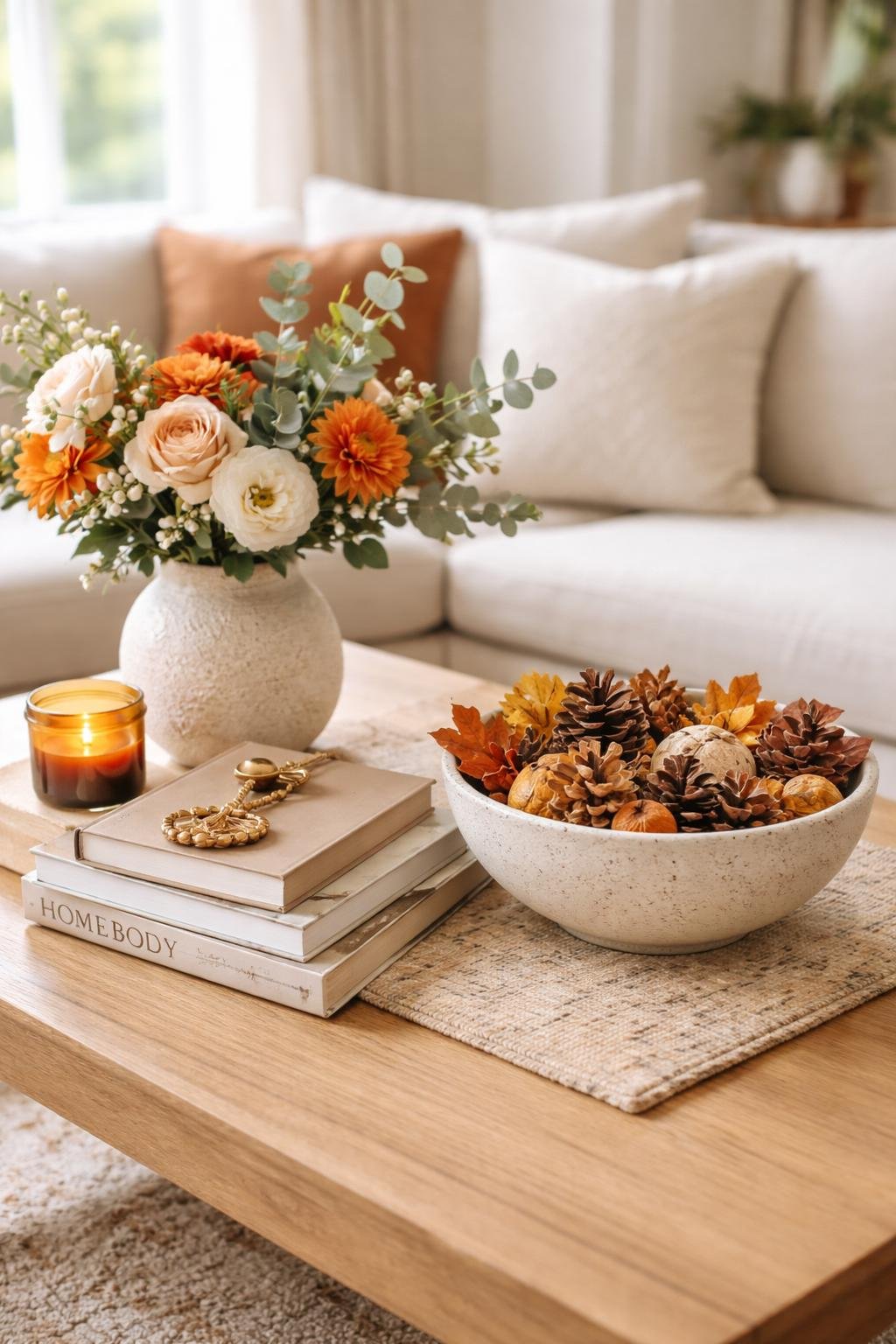 A coffee table decorated with flowers, books, a candle, and autumn-themed items in a cozy living room.