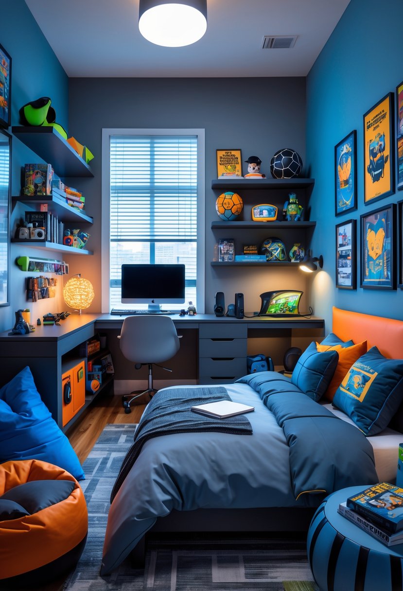 A teenage boy's bedroom with a bed, desk, shelves, gaming setup, and various decorations.
