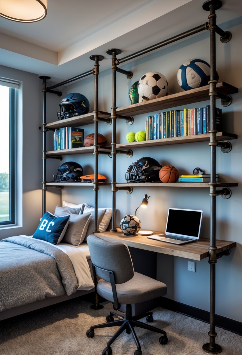 A teenage boy's bedroom with industrial pipe shelving holding books and sports gear, a bed, and a desk with study materials.