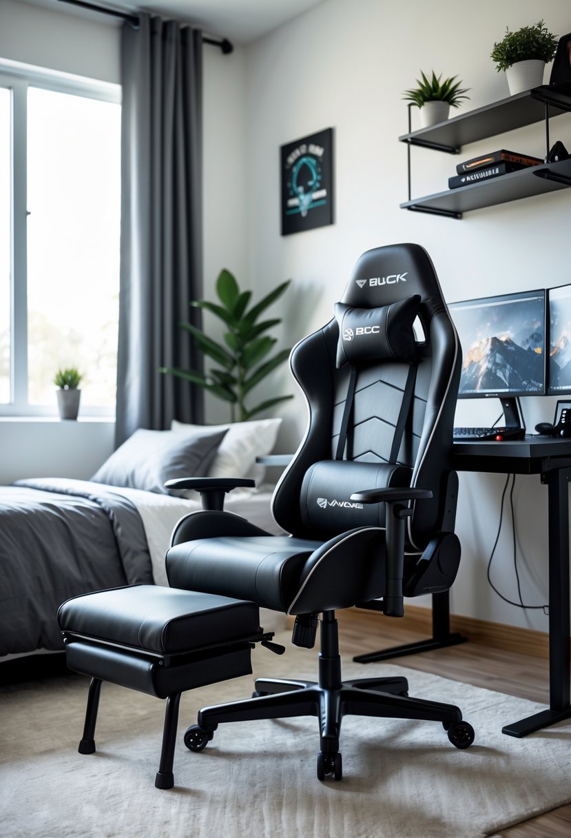 A teenage boy's bedroom with a gaming chair featuring a footrest next to a desk with computer monitors and gaming accessories.