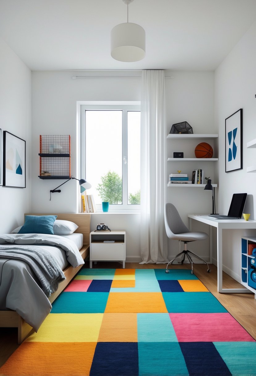 A bright teenage boy's bedroom with a colorful geometric patterned rug on the floor, a bed, desk, and shelves with personal items.