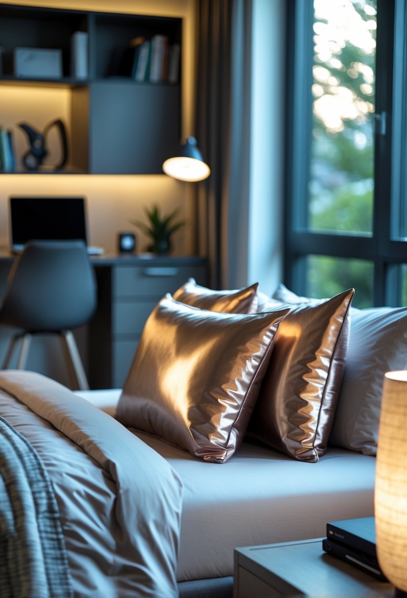 A teenage boy's bedroom with a bed featuring metallic accent pillows, a desk with a laptop, and a bookshelf in the background.