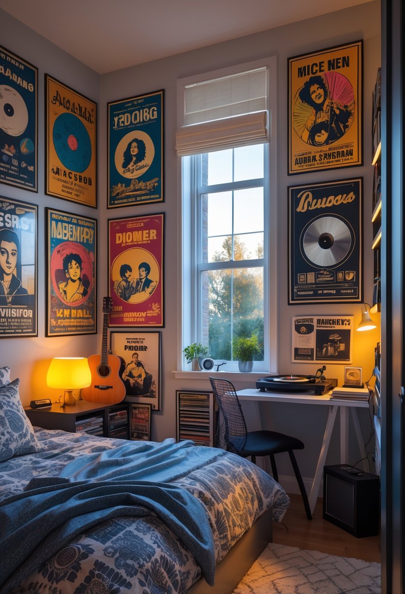 A teenage boy's bedroom with vintage band posters on the walls, a guitar, a bed, and a desk with music-related items.