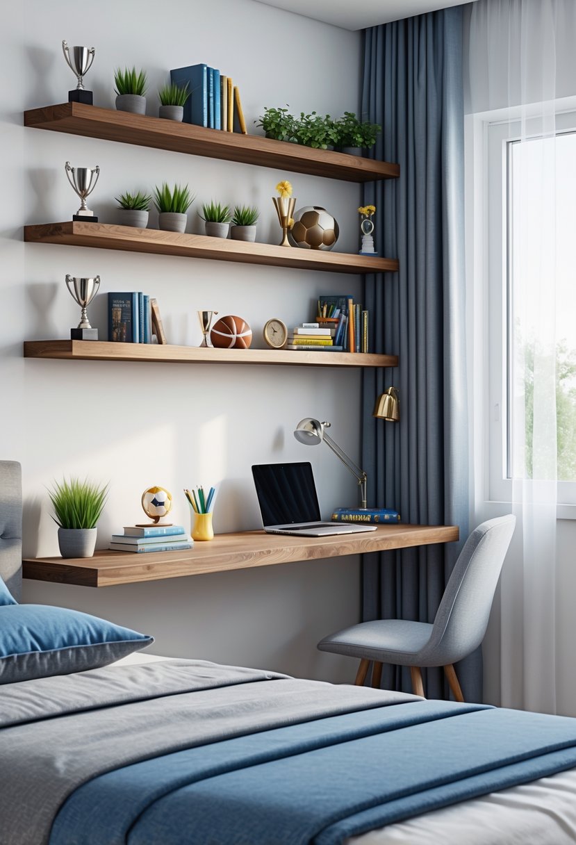 A tidy teenage boy's bedroom with floating wood shelves holding books and decorations, a bed, desk, and window letting in natural light.