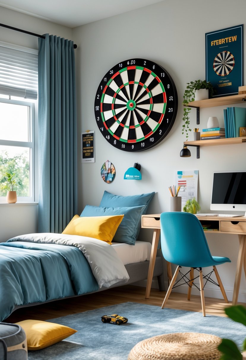 A teenage boy's bedroom with a magnetic dartboard on the wall, a bed, desk, and shelves with books and personal items.