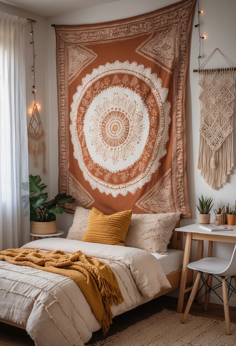 A cozy teen girl bedroom with a large patterned wall hanging above the bed, wooden furniture, plants, and soft natural light.