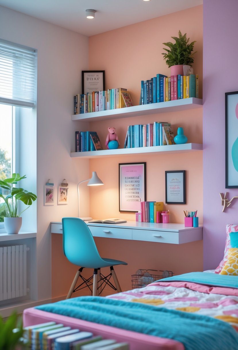 Teenage girl's bedroom with floating shelves filled with books, a bed, and a study desk near a window.