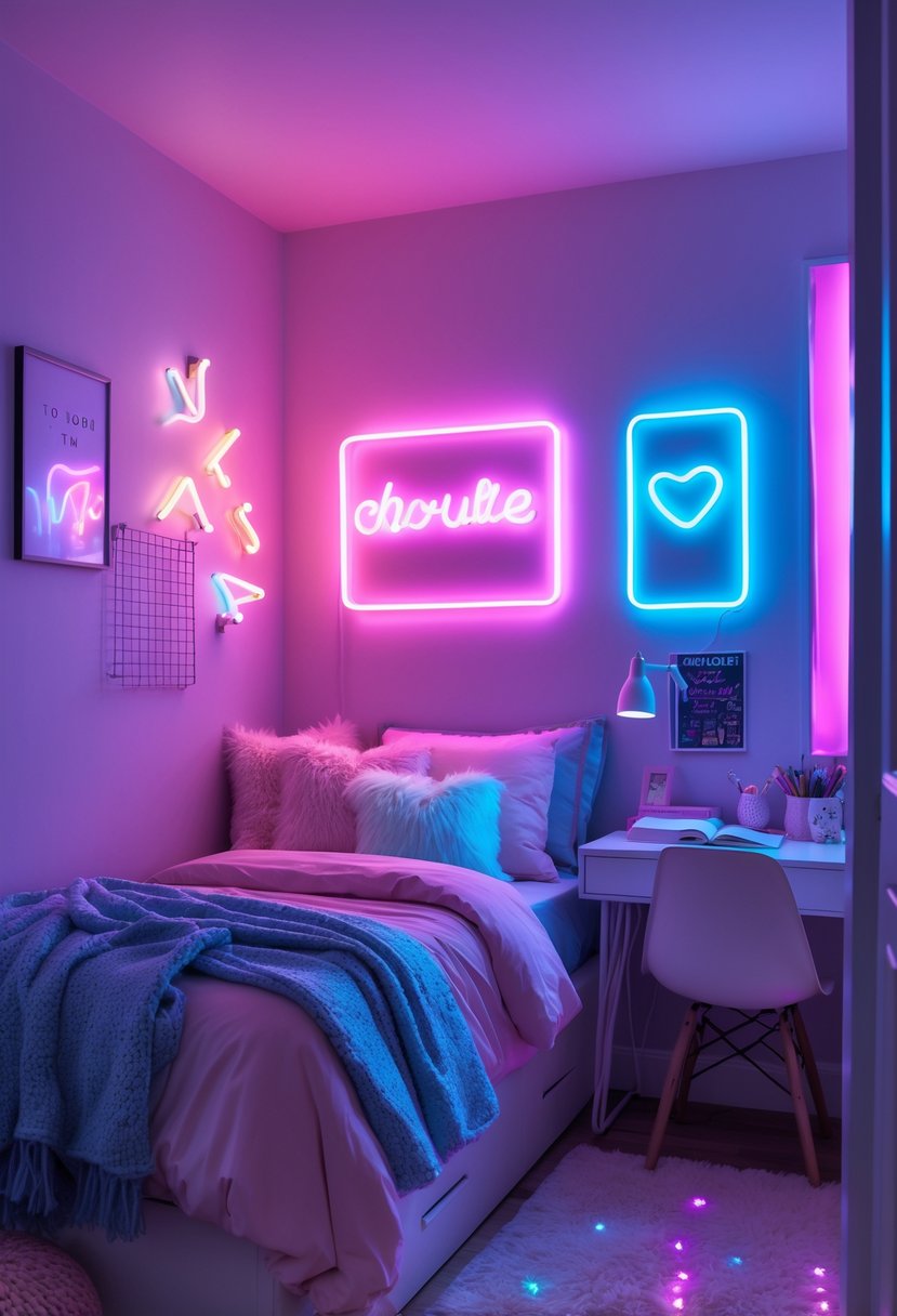 A teenage girl's bedroom with a bed, desk, and colorful neon LED light signs glowing on the walls.