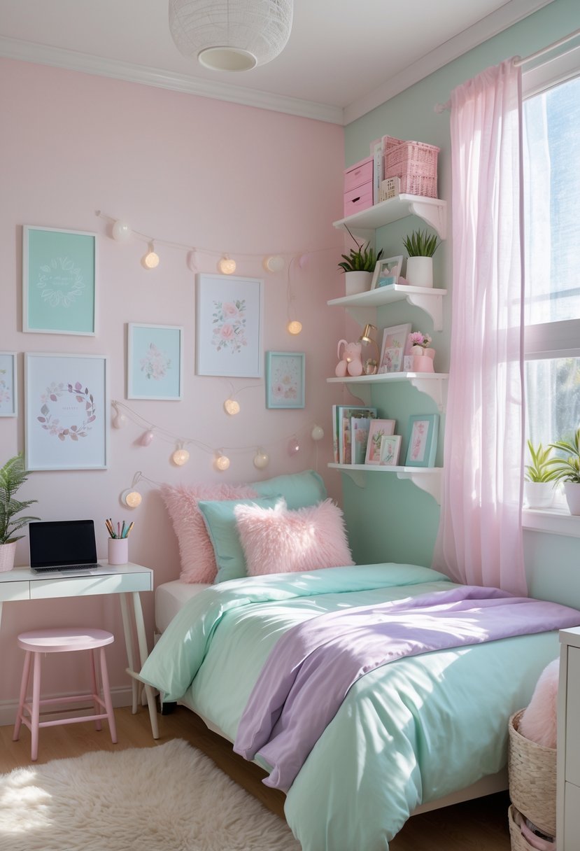 A bright teen girl bedroom with a bed, desk, shelves, and pastel-colored decorations.