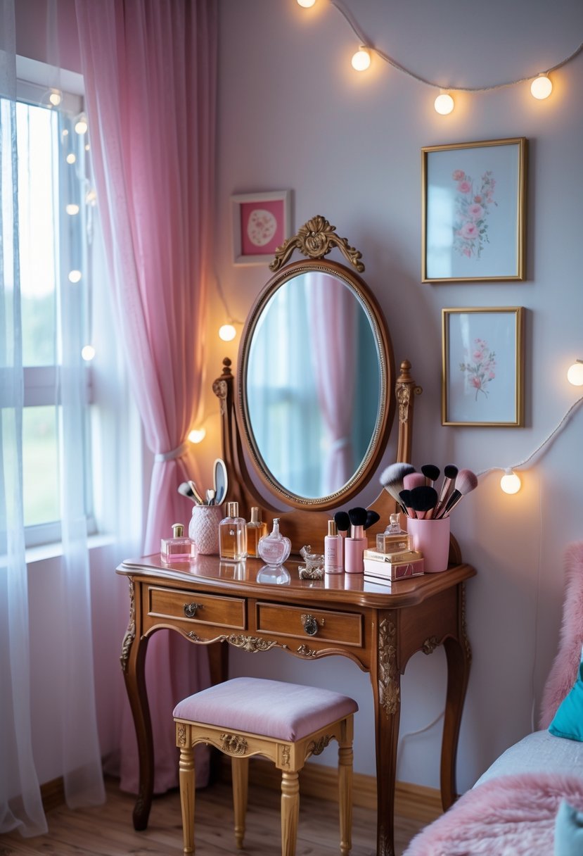 A vintage vanity table with an oval mirror and beauty accessories in a bright teen girl's bedroom.