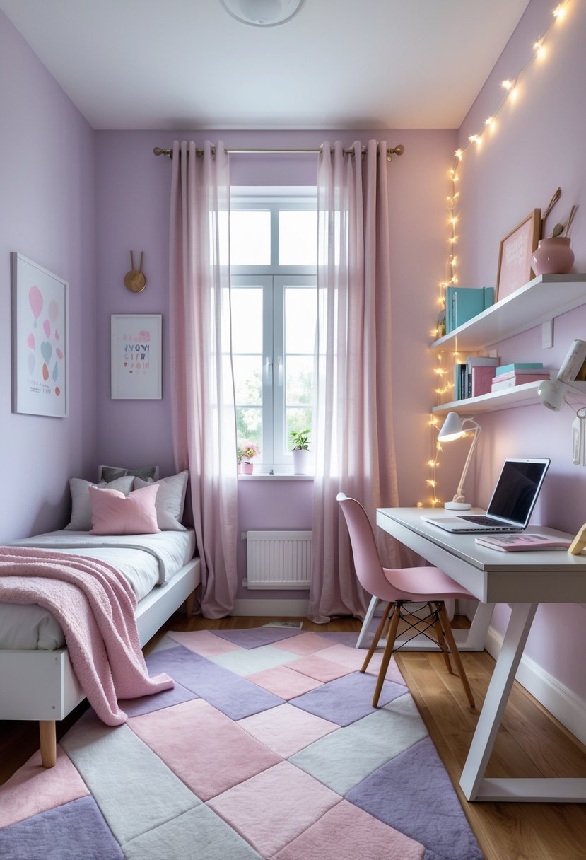 A tidy teenage girl's bedroom with a geometric accent rug, bed, desk, shelves, and natural light coming through a window.