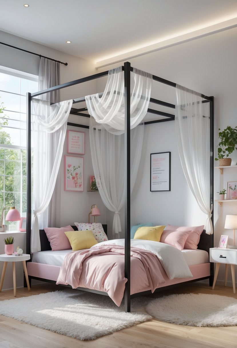 A bright teen girl's bedroom with a canopy bed draped in white fabric, pastel bedding, and decorative pillows, surrounded by shelves, a bedside table, and natural light from windows.