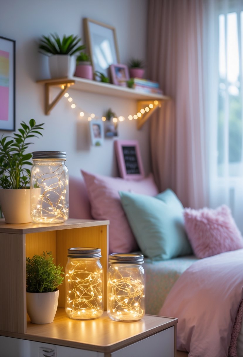 A teenage girl's bedroom with glowing fairy light jars on shelves and bedside table, pastel bedding, plants, and a desk by a window.