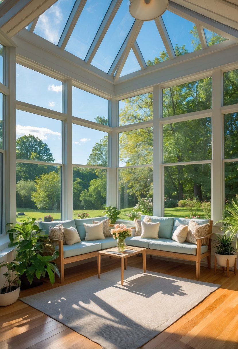 A sunroom with large windows, comfortable seating, plants, and sunlight streaming in, overlooking green trees.