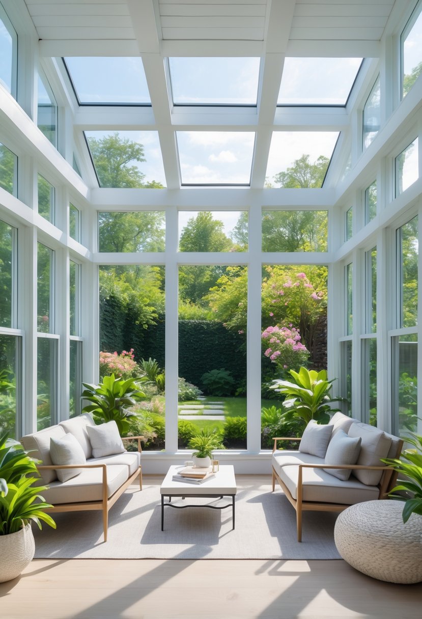 Sunroom with floor-to-ceiling windows letting in natural light, furnished with sofa, armchairs, plants, and a view of a garden outside.