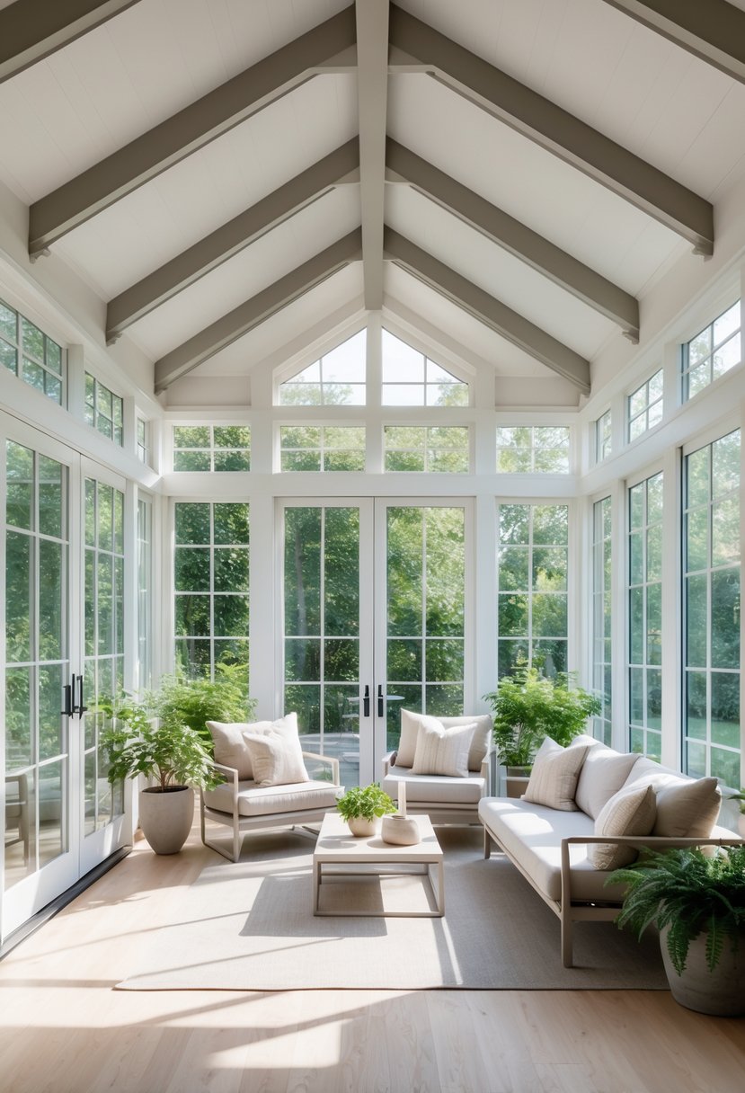 A sunroom with a vaulted ceiling, large windows, comfortable seating, and plants overlooking a garden.