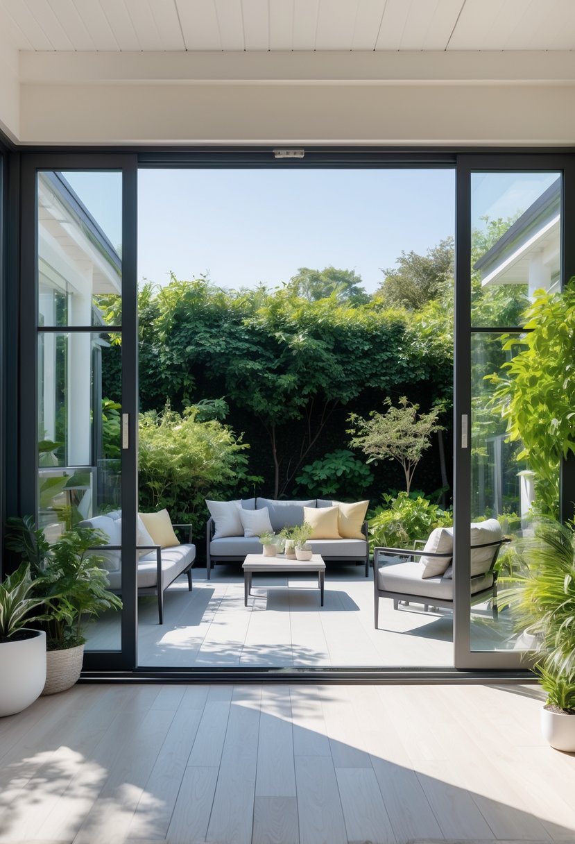A sunroom with sliding glass doors opening to a green garden, furnished with a sofa, armchairs, and plants.