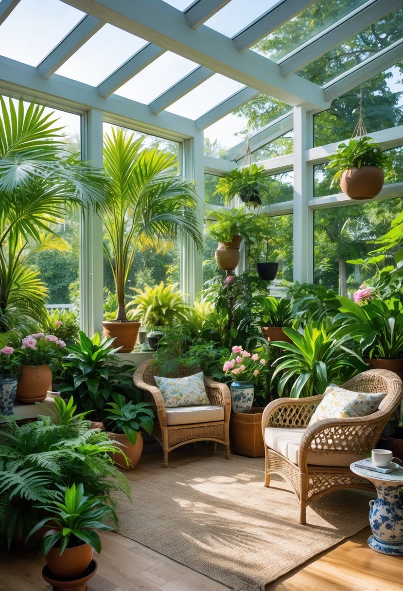 A sunroom filled with many indoor plants, sunlight streaming through large windows, and comfortable seating.