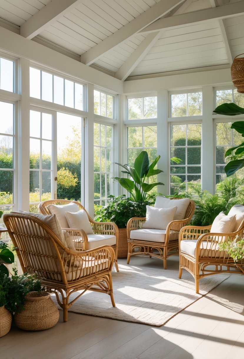 A sunroom with rattan furniture, cushions, green plants, and large windows letting in natural light.